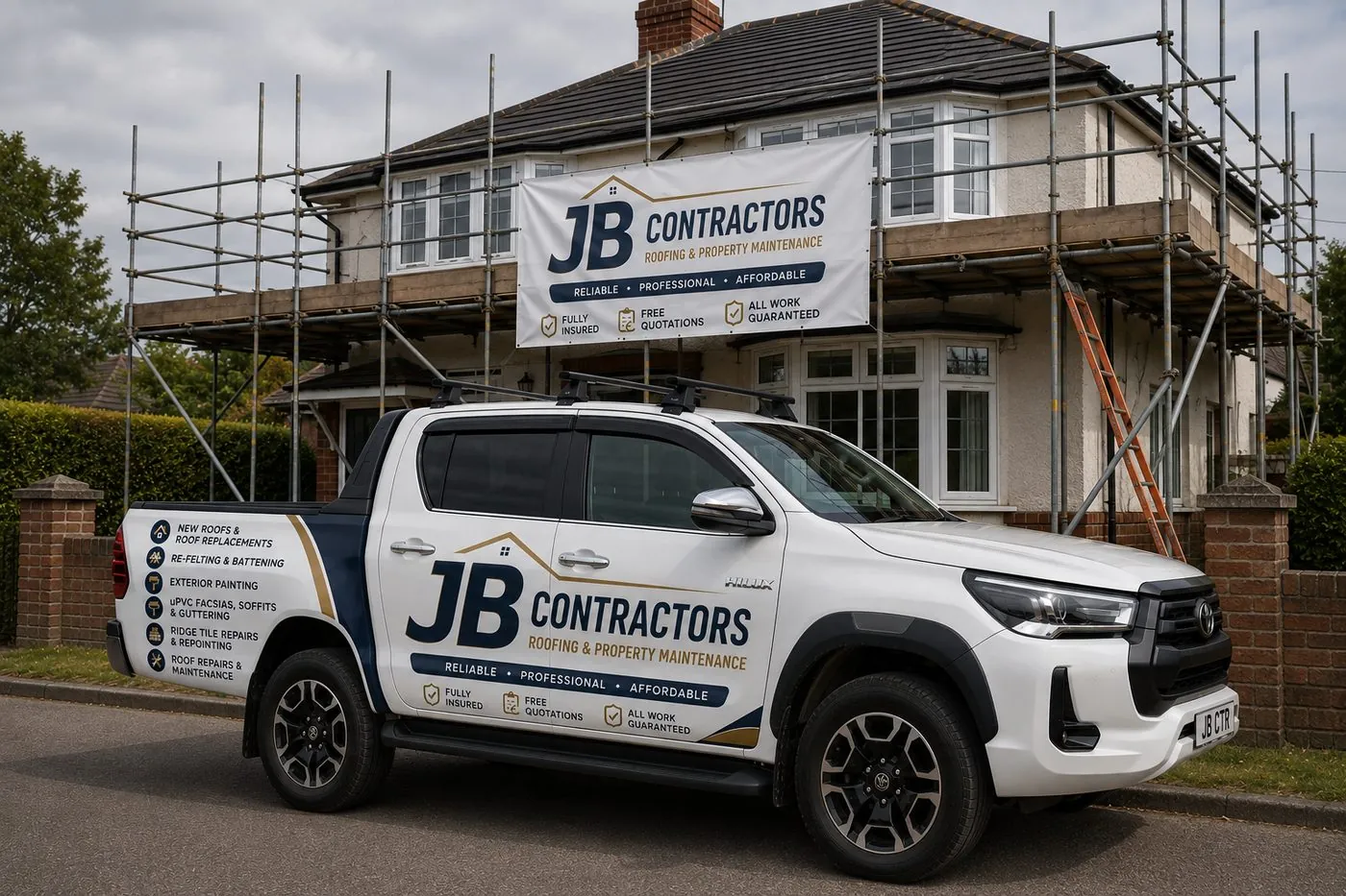 Honiton Roofing pickup truck on site at a scaffolded roofing job in Honiton